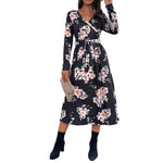 YESFASHION Spring V-neck Long-sleeved Printed Dress