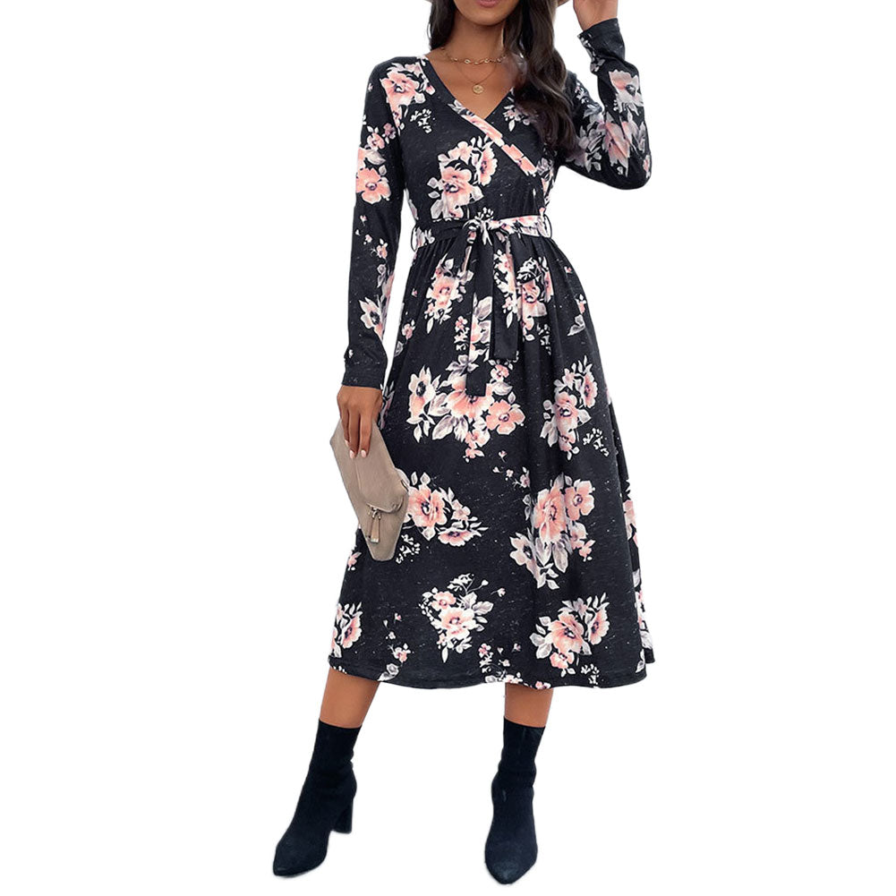YESFASHION Spring V-neck Long-sleeved Printed Dress