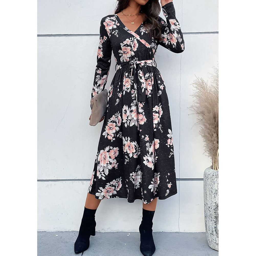 YESFASHION Spring V-neck Long-sleeved Printed Dress