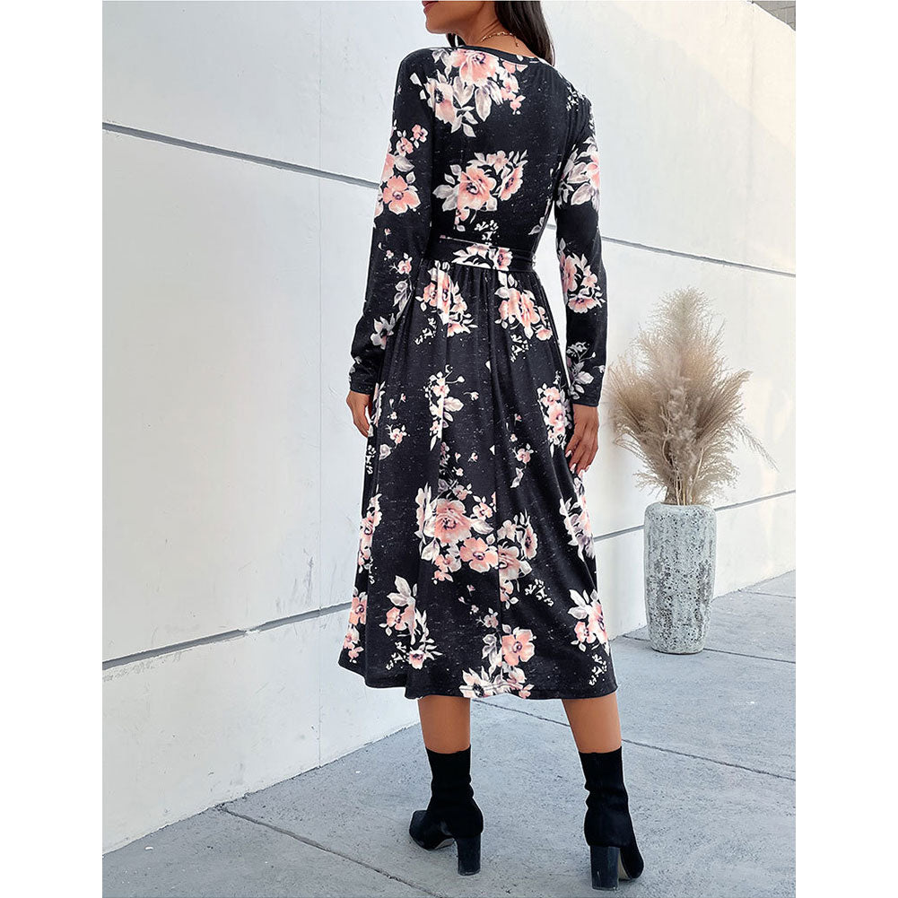 YESFASHION Spring V-neck Long-sleeved Printed Dress