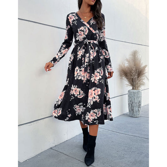 YESFASHION Spring V-neck Long-sleeved Printed Dress