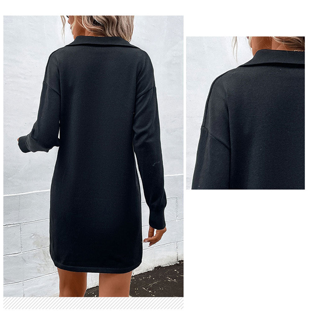 YESFASHION Long-sleeved Solid Color Lapel Zipper Sweater Dress
