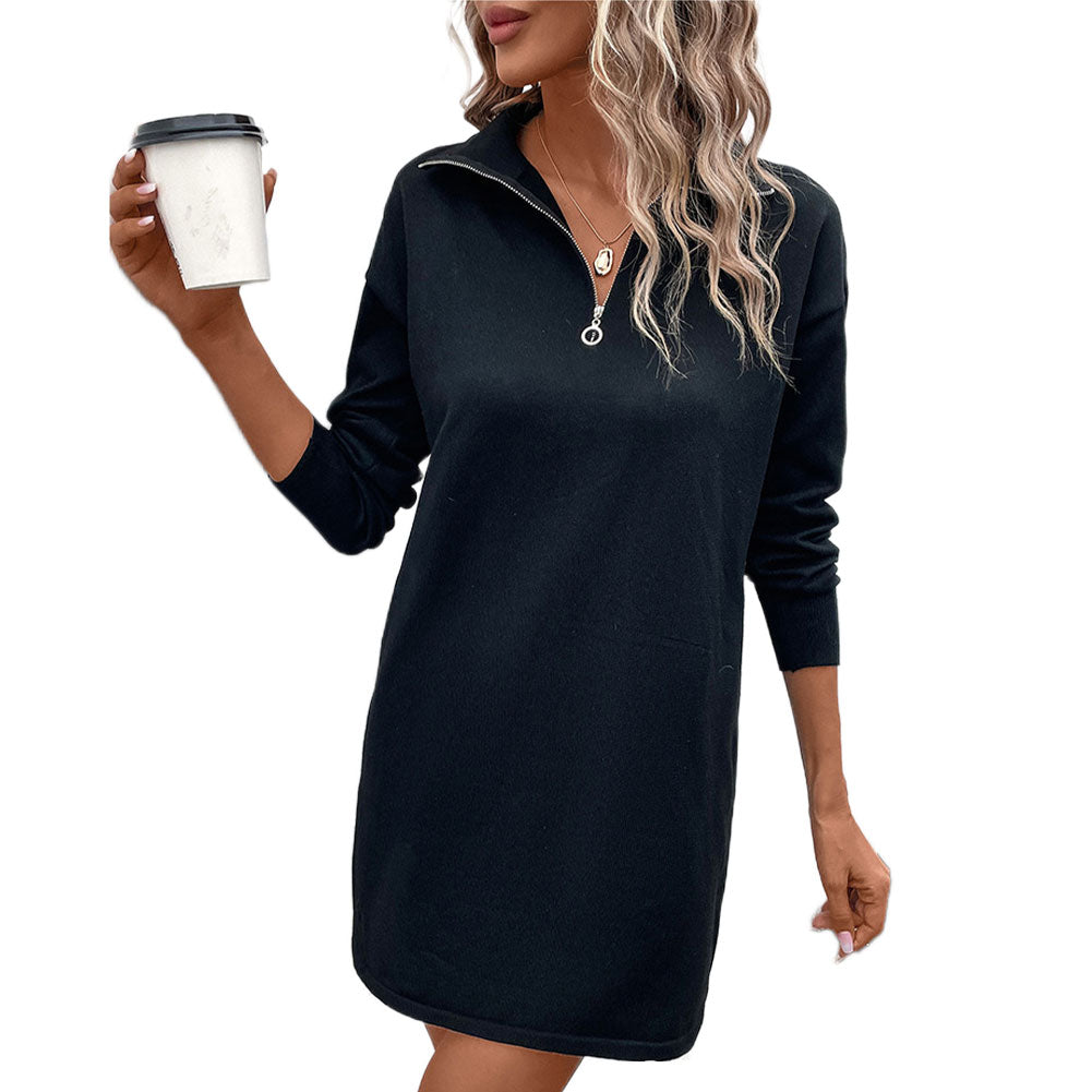 YESFASHION Long-sleeved Solid Color Lapel Zipper Sweater Dress