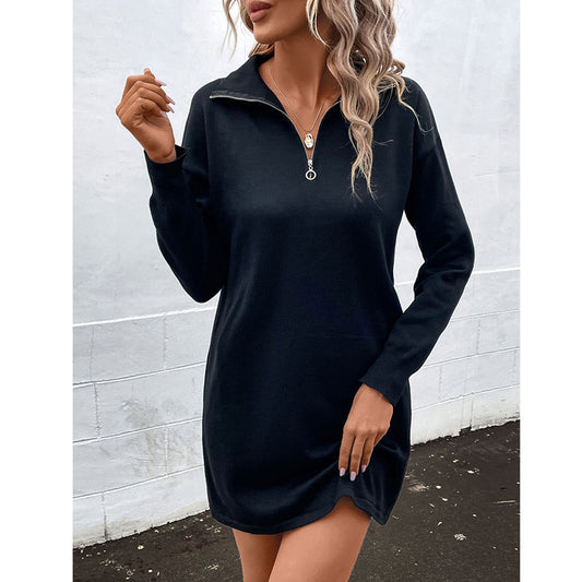 YESFASHION Long-sleeved Solid Color Lapel Zipper Sweater Dress