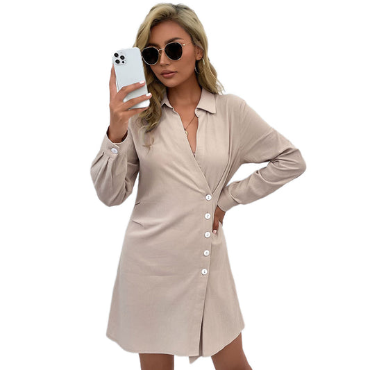 YESFASHION Women Solid Color Lapel Long-sleeved Shirt Dress