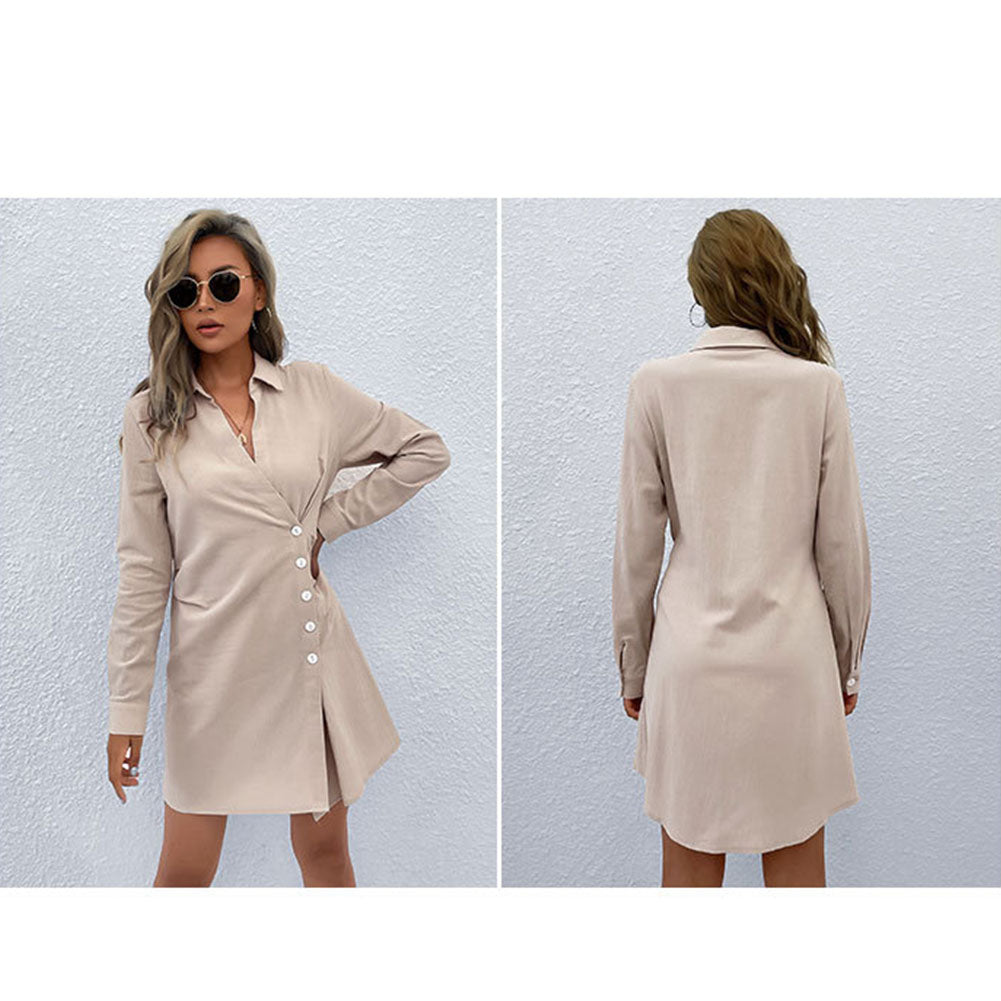 YESFASHION Women Solid Color Lapel Long-sleeved Shirt Dress