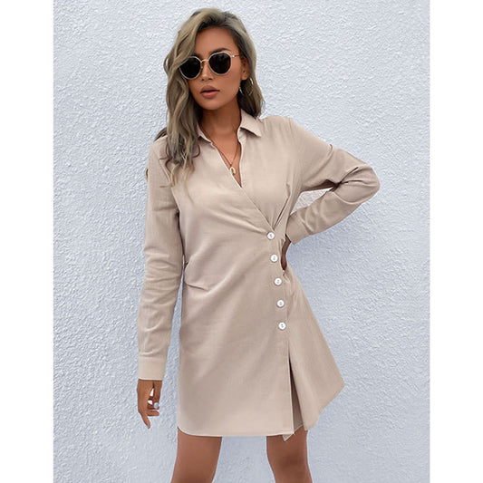 YESFASHION Women Solid Color Lapel Long-sleeved Shirt Dress
