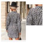 YESFASHION Women Leopard Print Lapel Shirt Long-sleeved Dress