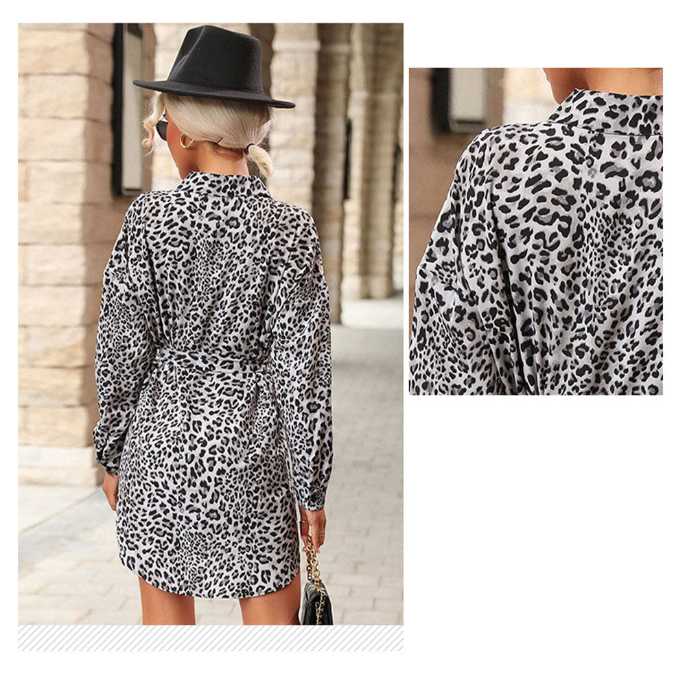 YESFASHION Women Leopard Print Lapel Shirt Long-sleeved Dress