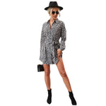 YESFASHION Women Leopard Print Lapel Shirt Long-sleeved Dress