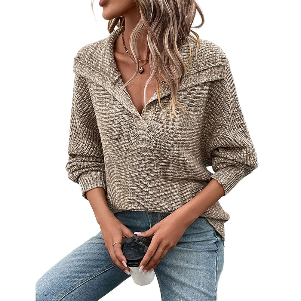 YESFASHION Women Solid Color Long-sleeved Lapel Sweaters