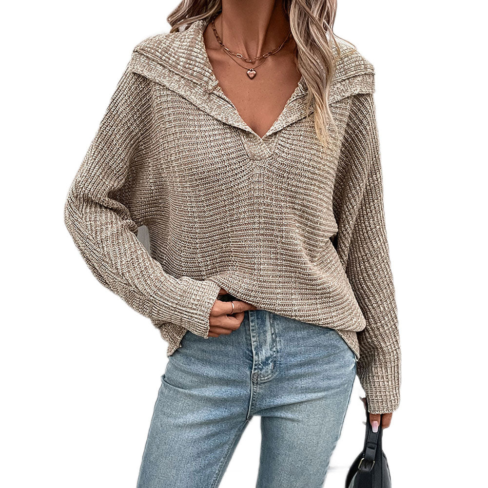 YESFASHION Women Solid Color Long-sleeved Lapel Sweaters