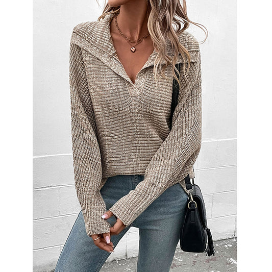 YESFASHION Women Solid Color Long-sleeved Lapel Sweaters