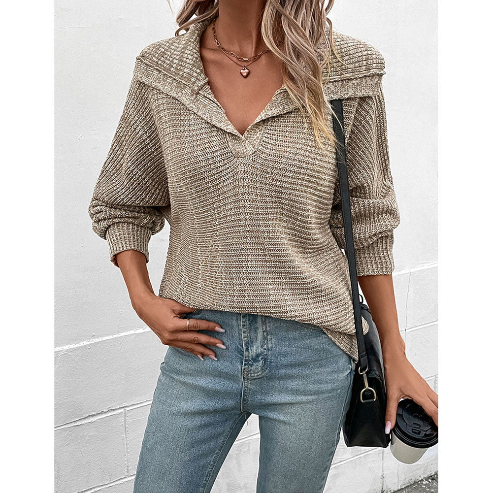 YESFASHION Women Solid Color Long-sleeved Lapel Sweaters