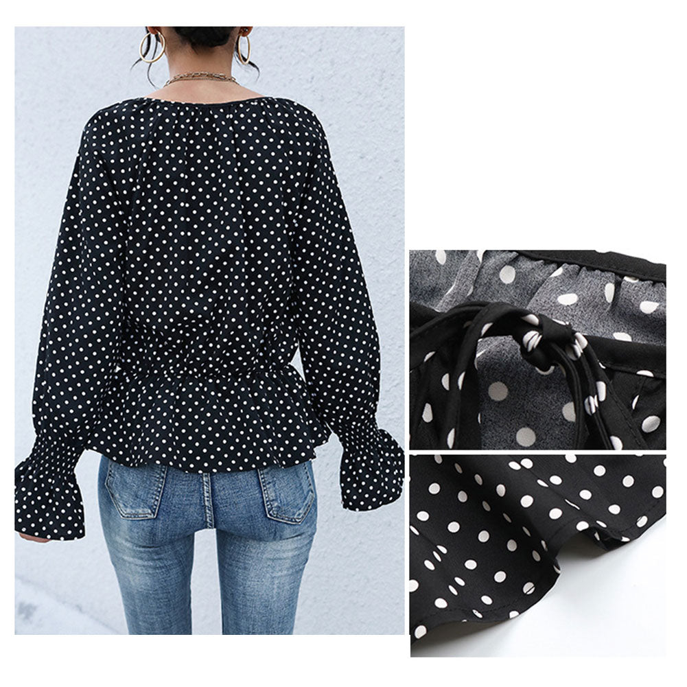 YESFASHION Women Tie-up Tops Polka Dot Long-sleeved Shirt