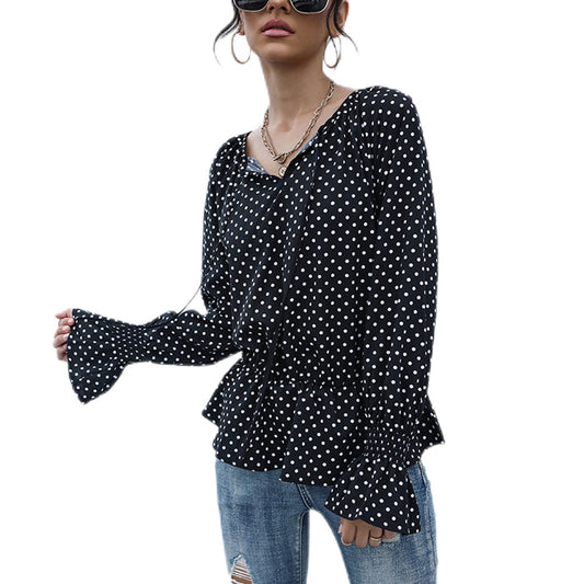 YESFASHION Women Tie-up Tops Polka Dot Long-sleeved Shirt