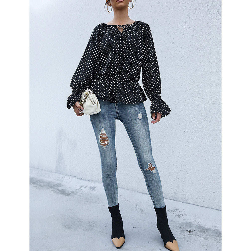 YESFASHION Women Tie-up Tops Polka Dot Long-sleeved Shirt