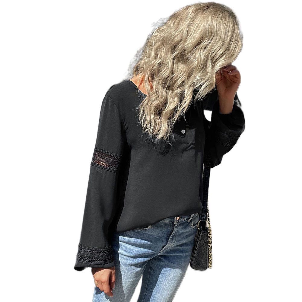 YESFASHION Women Long-sleeved Tops Loose Pullover Black Shirt