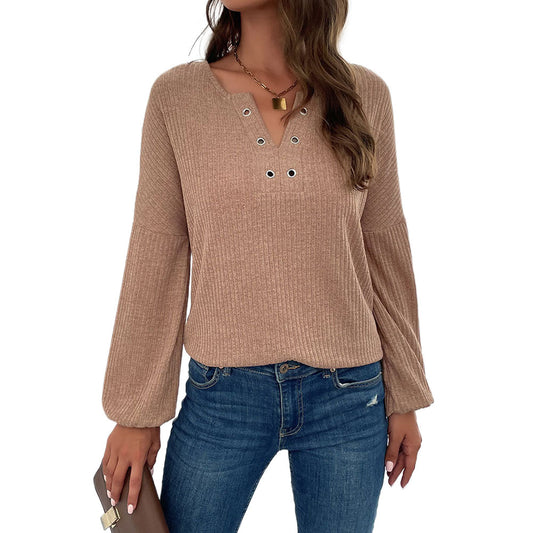 YESFASHION New Pit Strip Long-sleeved Solid Color V-neck Sweaters