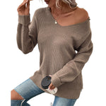 YESFASHION Women Long-sleeved Solid Color V-neck Sweaters