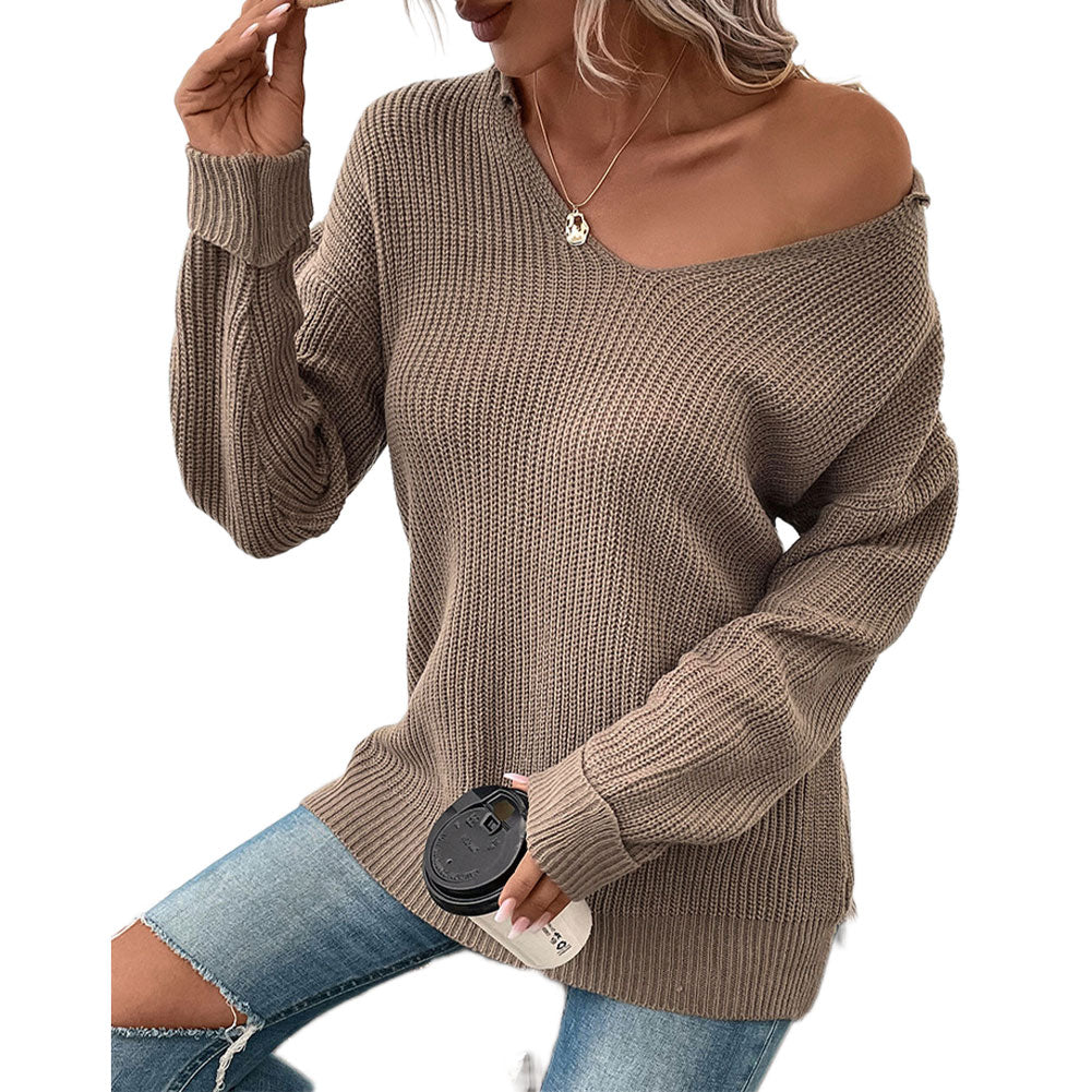 YESFASHION Women Long-sleeved Solid Color V-neck Sweaters