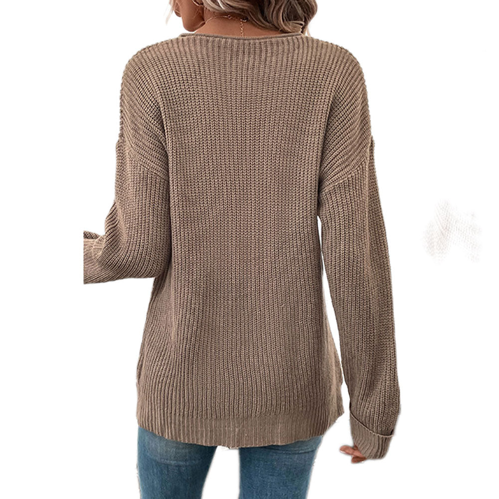 YESFASHION Women Long-sleeved Solid Color V-neck Sweaters