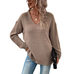 YESFASHION Women Long-sleeved Solid Color V-neck Sweaters