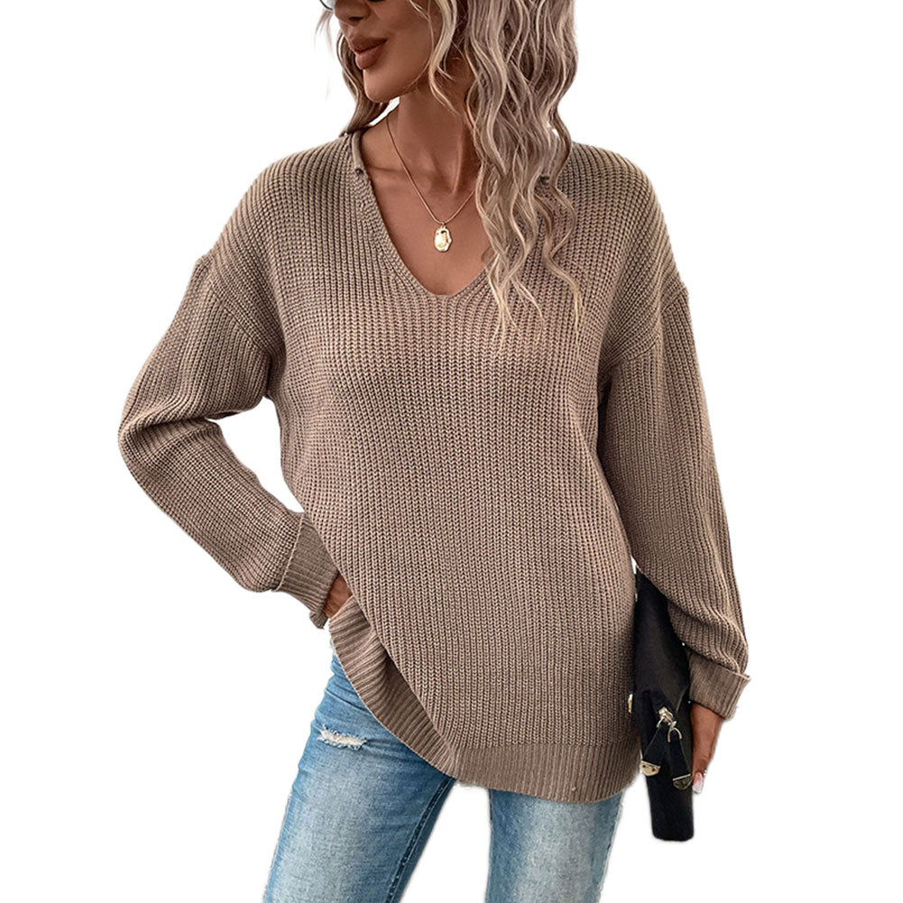 YESFASHION Women Long-sleeved Solid Color V-neck Sweaters