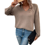 YESFASHION Women Long-sleeved Solid Color V-neck Sweaters