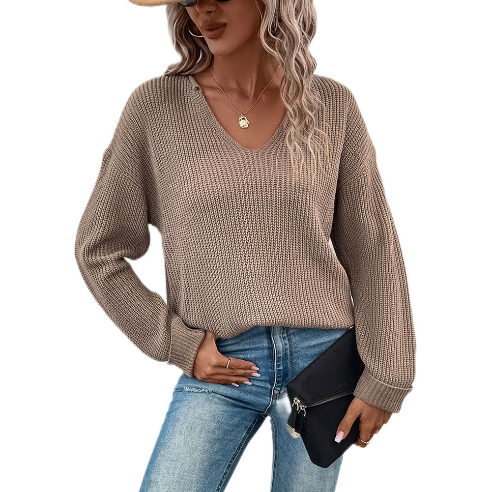 YESFASHION Women Long-sleeved Solid Color V-neck Sweaters