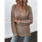 YESFASHION Women Long-sleeved Solid Color V-neck Sweaters