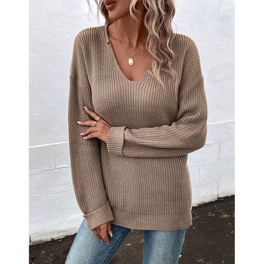 YESFASHION Women Long-sleeved Solid Color V-neck Sweaters