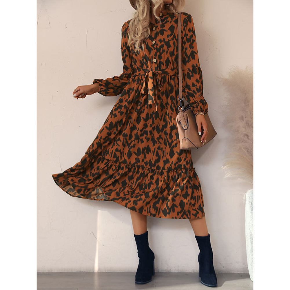 YESFASHION Long-sleeved Leopard Mid-length Dress Spring