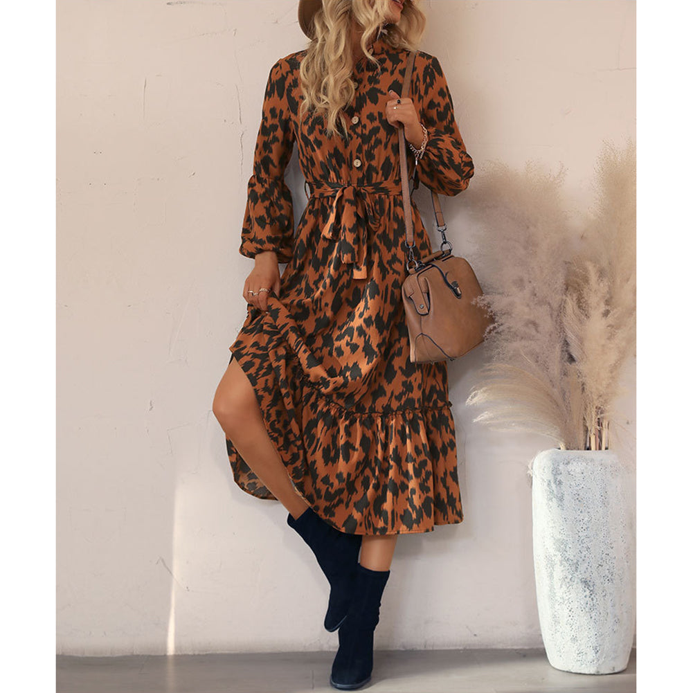 YESFASHION Long-sleeved Leopard Mid-length Dress Spring