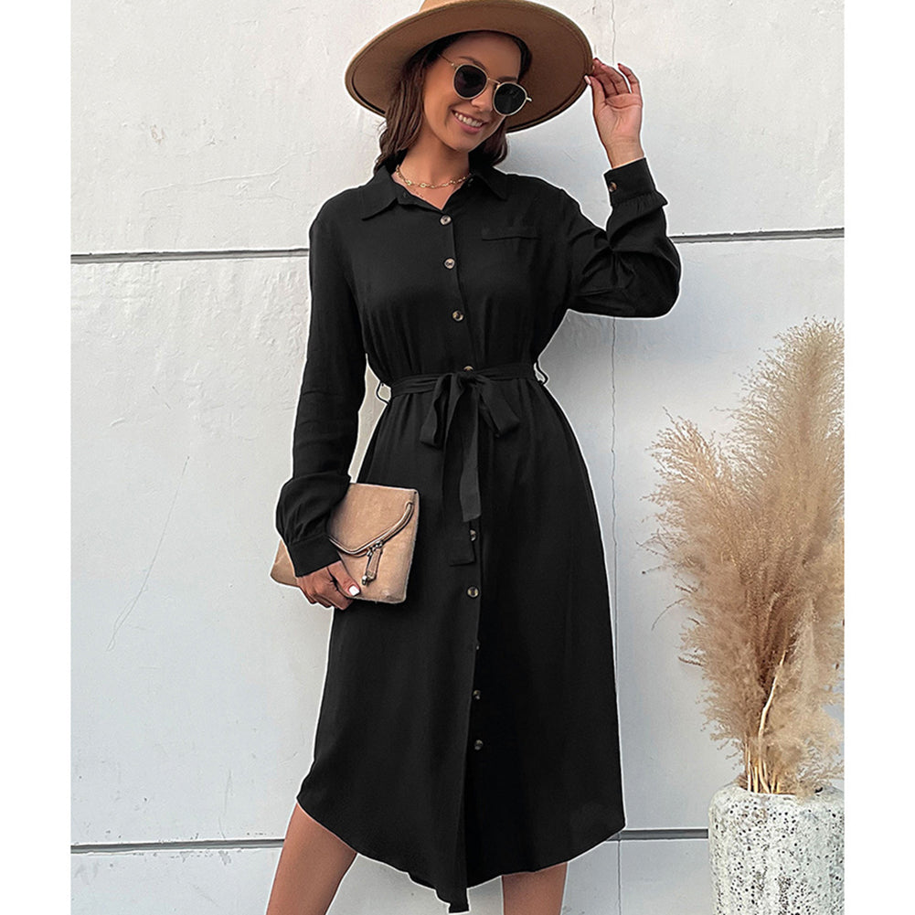 YESFASHION New Black Lapel Shirt Long Sleeve Dress PBY-108K