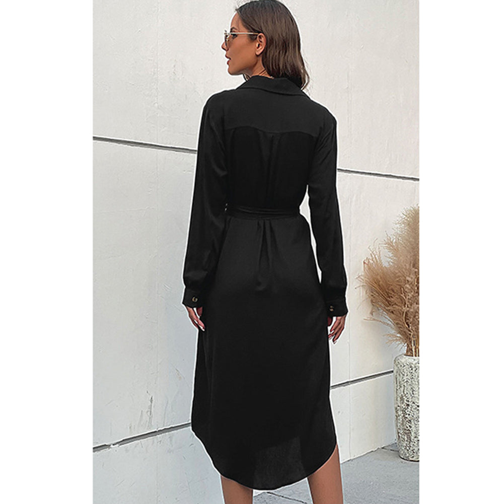 YESFASHION New Black Lapel Shirt Long Sleeve Dress PBY-108K