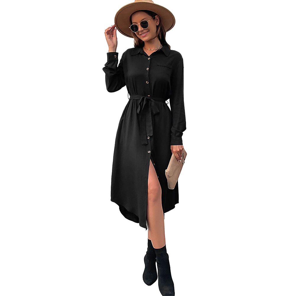 YESFASHION New Black Lapel Shirt Long Sleeve Dress PBY-108K