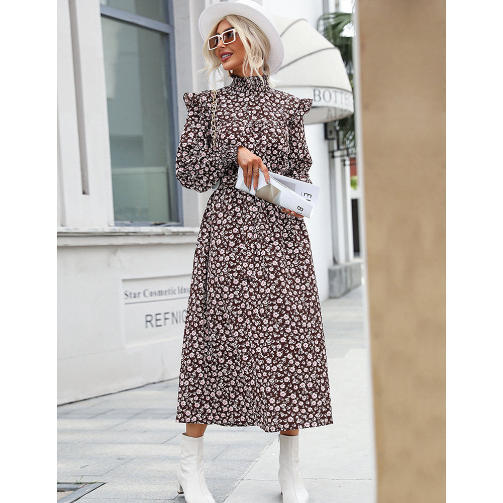 YESFASHION Women Autumn Turtleneck Long Sleeves Printed Long Dress