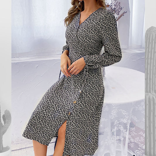 YESFASHION Women Autumn V-neck Printed Long-sleeved Split Dress