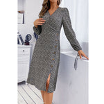 YESFASHION Women Autumn V-neck Printed Long-sleeved Split Dress
