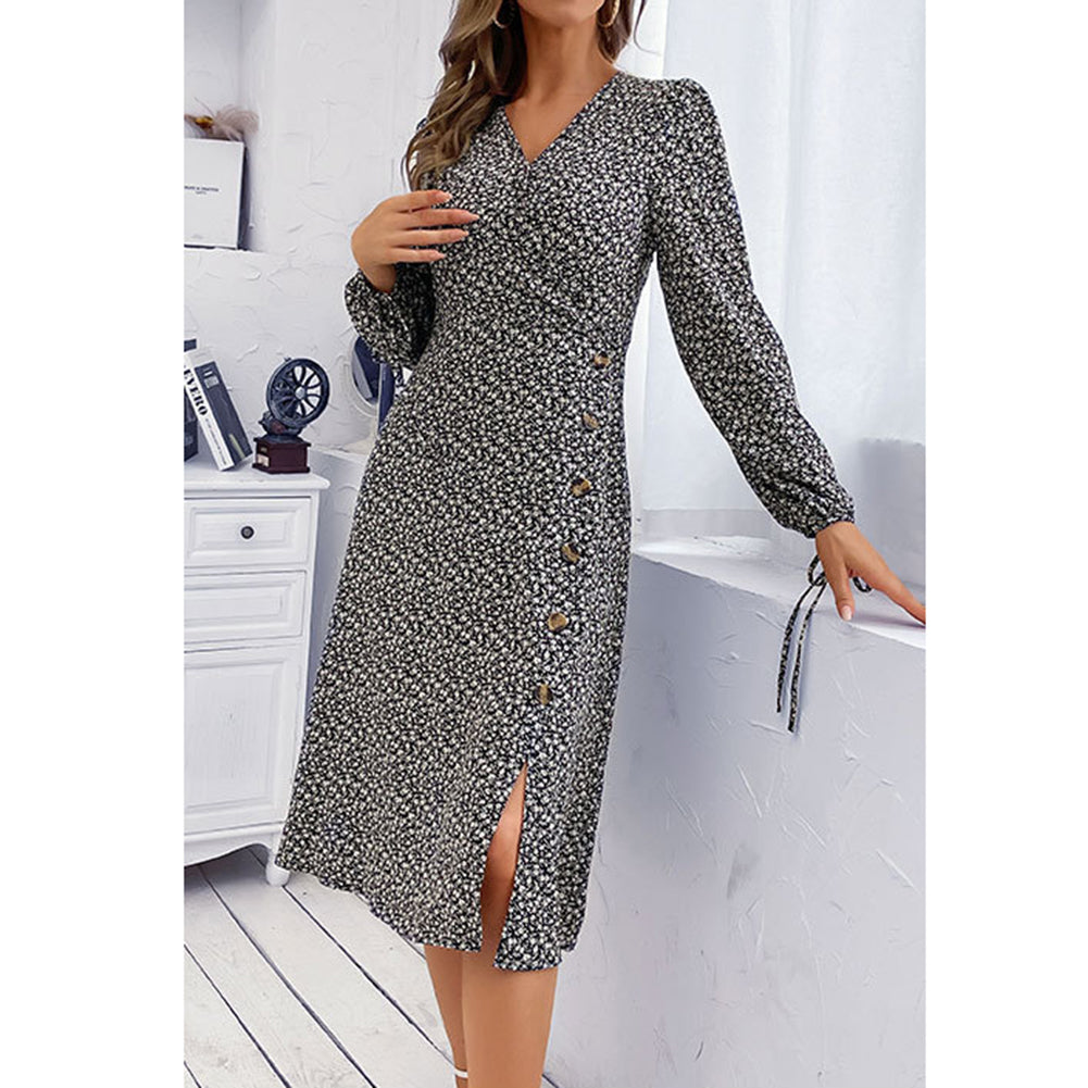 YESFASHION Women Autumn V-neck Printed Long-sleeved Split Dress