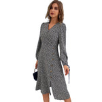 YESFASHION Women Autumn V-neck Printed Long-sleeved Split Dress