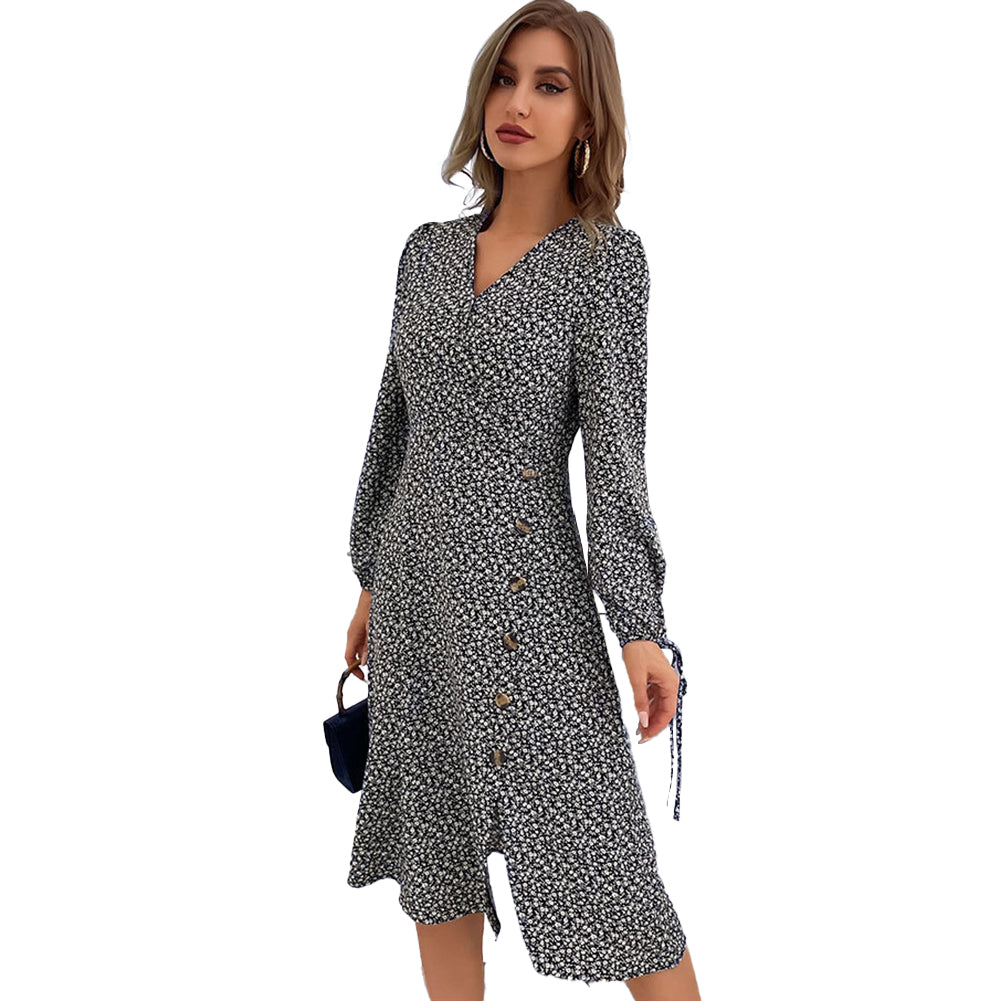 YESFASHION Women Autumn V-neck Printed Long-sleeved Split Dress