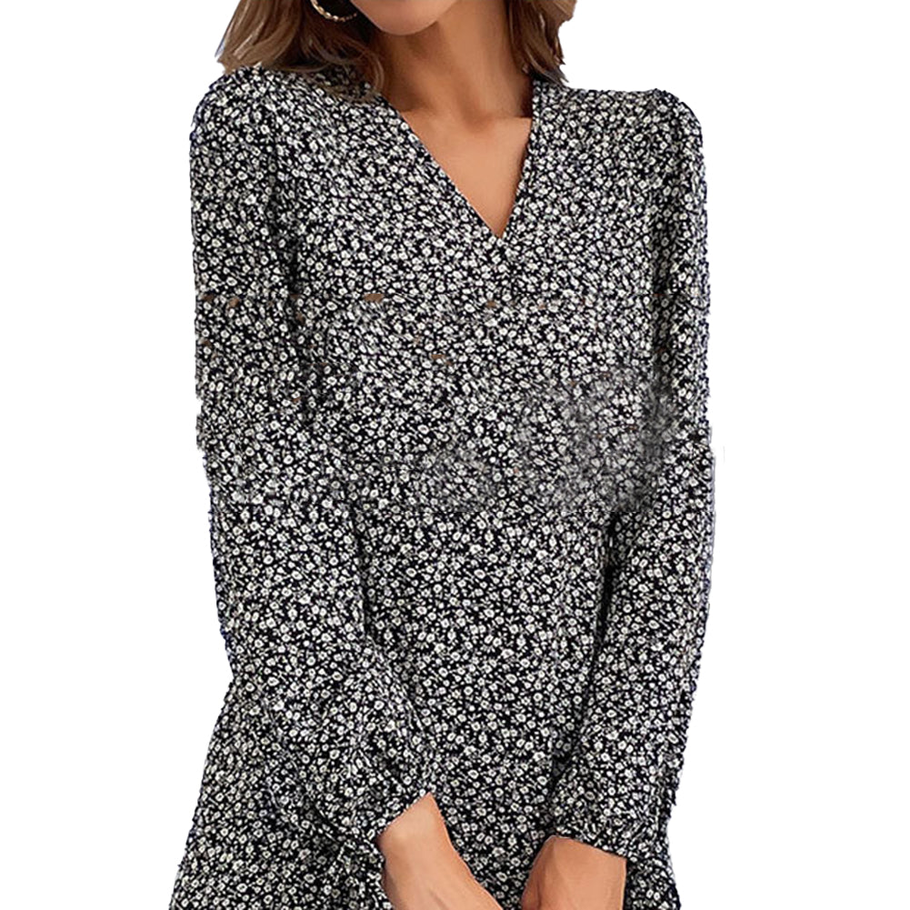 YESFASHION Women Autumn V-neck Printed Long-sleeved Split Dress