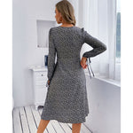 YESFASHION Women Autumn V-neck Printed Long-sleeved Split Dress