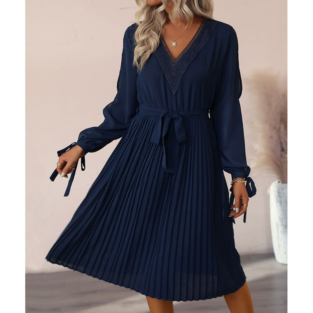 YESFASHION Women Hollow Long-sleeved Solid Color Spring Dress