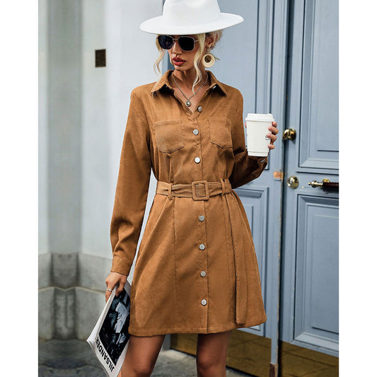 YESFASHION Shirt Style Lapel Long Sleeve Corduroy Dress