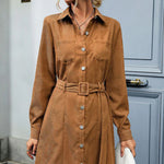 YESFASHION Shirt Style Lapel Long Sleeve Corduroy Dress
