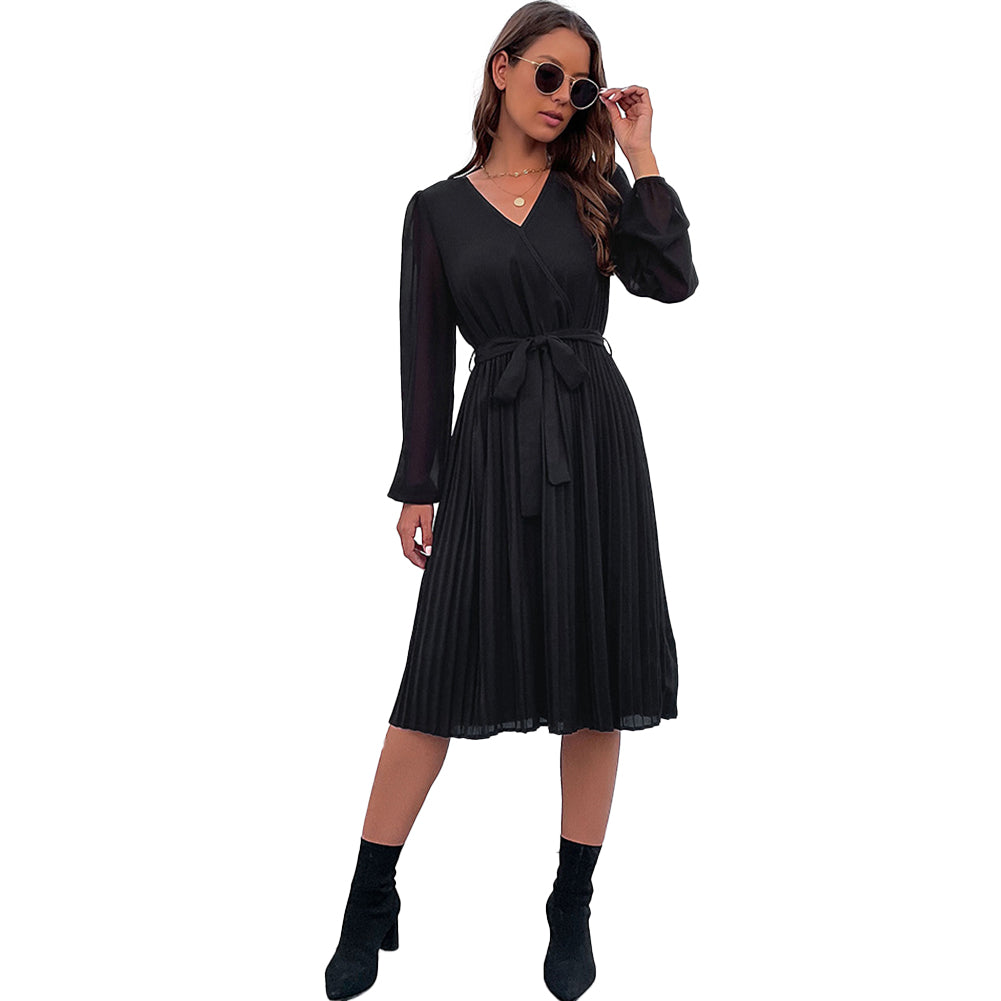 YESFASHION New Black Long Sleeve Pleated Inner Dress PBY-108T
