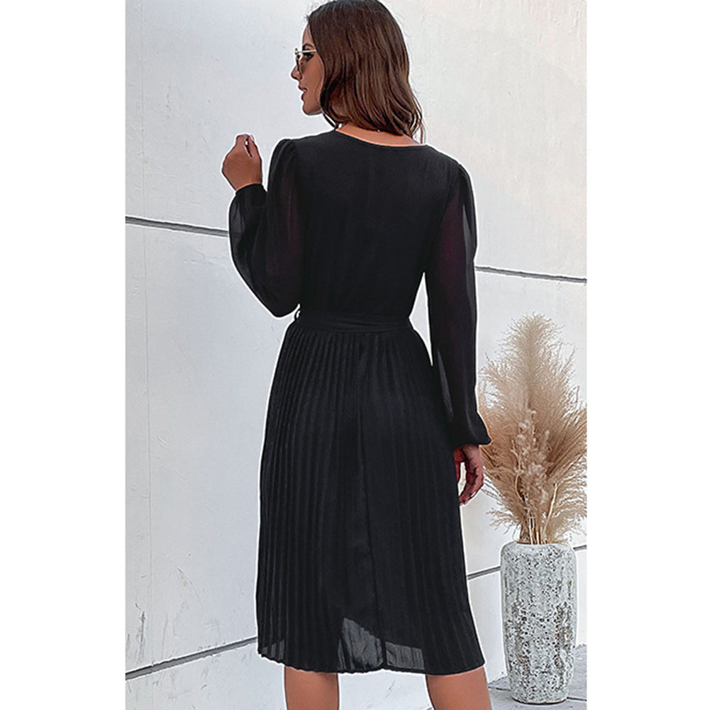 YESFASHION New Black Long Sleeve Pleated Inner Dress PBY-108T